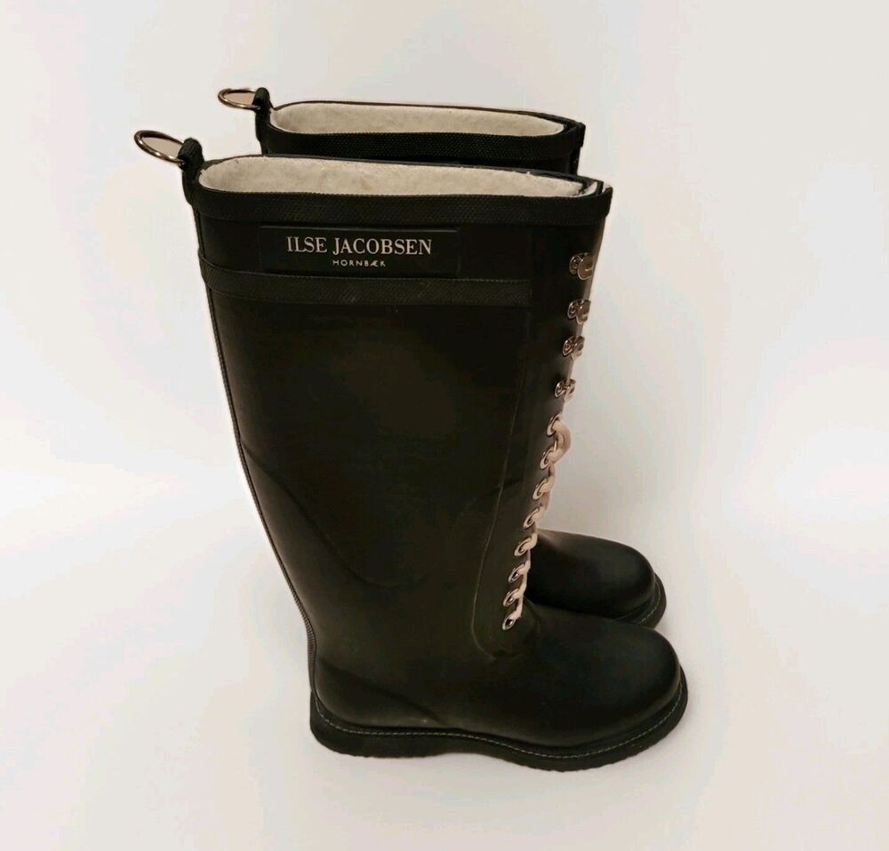 Ilse Jacobsen Hornbaek Black Rubber Rain Boots Handmade Lace Up Womens Size 5